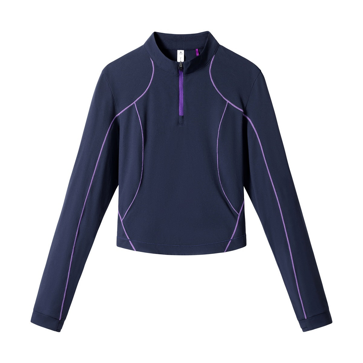 Navy cropped half-zip long-sleeve top with purple contrast piping and purple zipper, flat lay