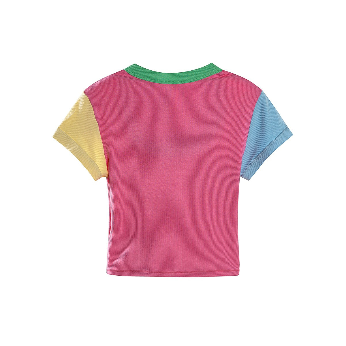 Back of a ribbed bright pink short-sleeve top with a green neckline, yellow sleeve, and blue sleeve.
