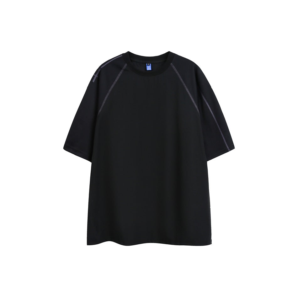 Black short-sleeve crew-neck T-shirt with raglan sleeves and subtle contrast stitching, front view