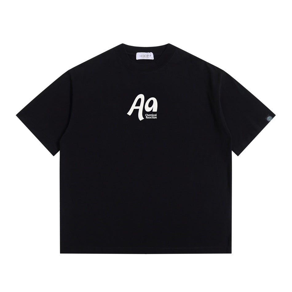Black short-sleeve crew-neck T-shirt with white 'Aa Chemical Reaction' chest graphic, flat front view