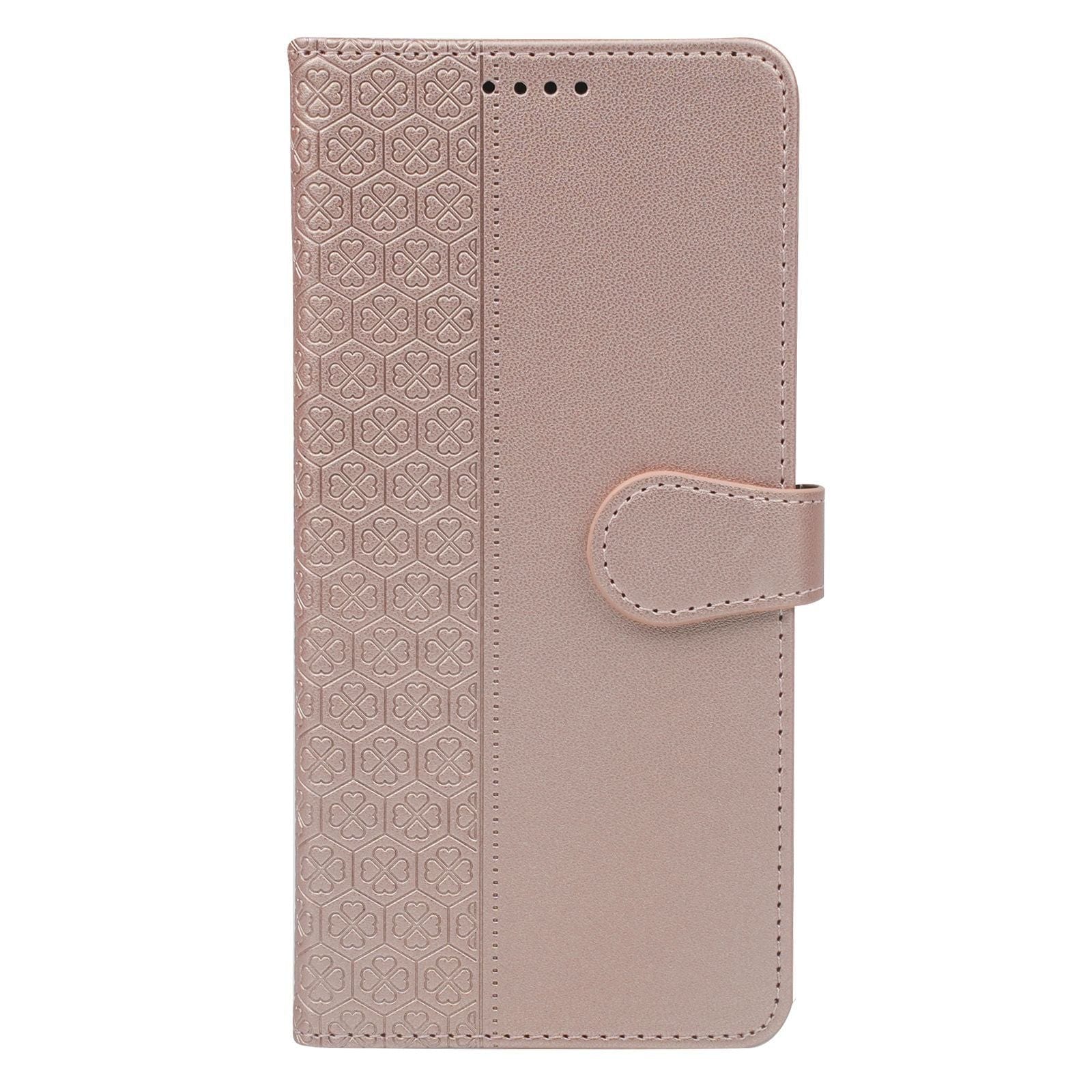 A rose gold iPhone 16 Pro Max Wallet Case crafted from synthetic leather, featuring a textured pattern on the left side and a magnetic clasp closure.