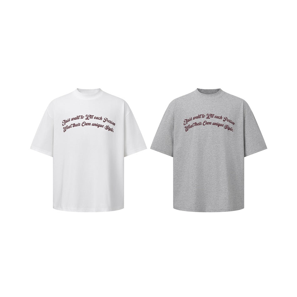 White and heather gray short-sleeve T-shirts shown side by side, each with matching burgundy script on the chest.