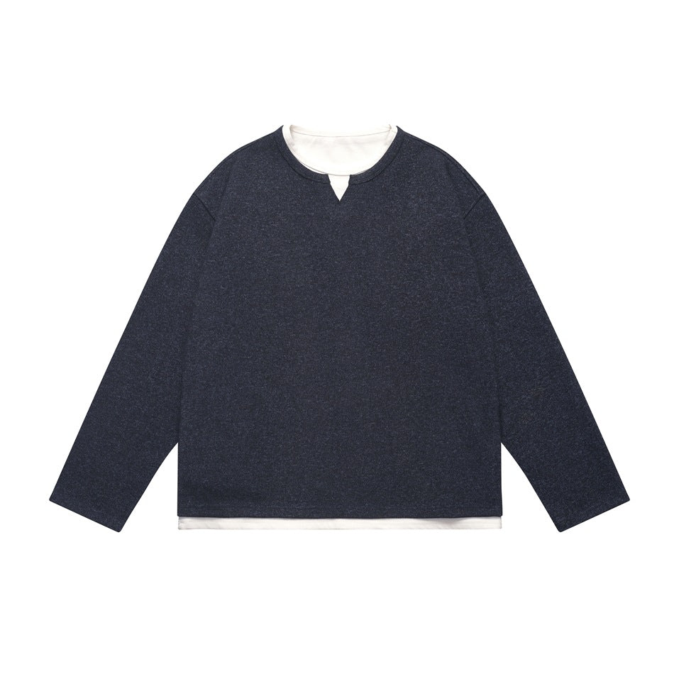 Navy heathered long-sleeve pullover with white layered neckline and hem, flat lay front view