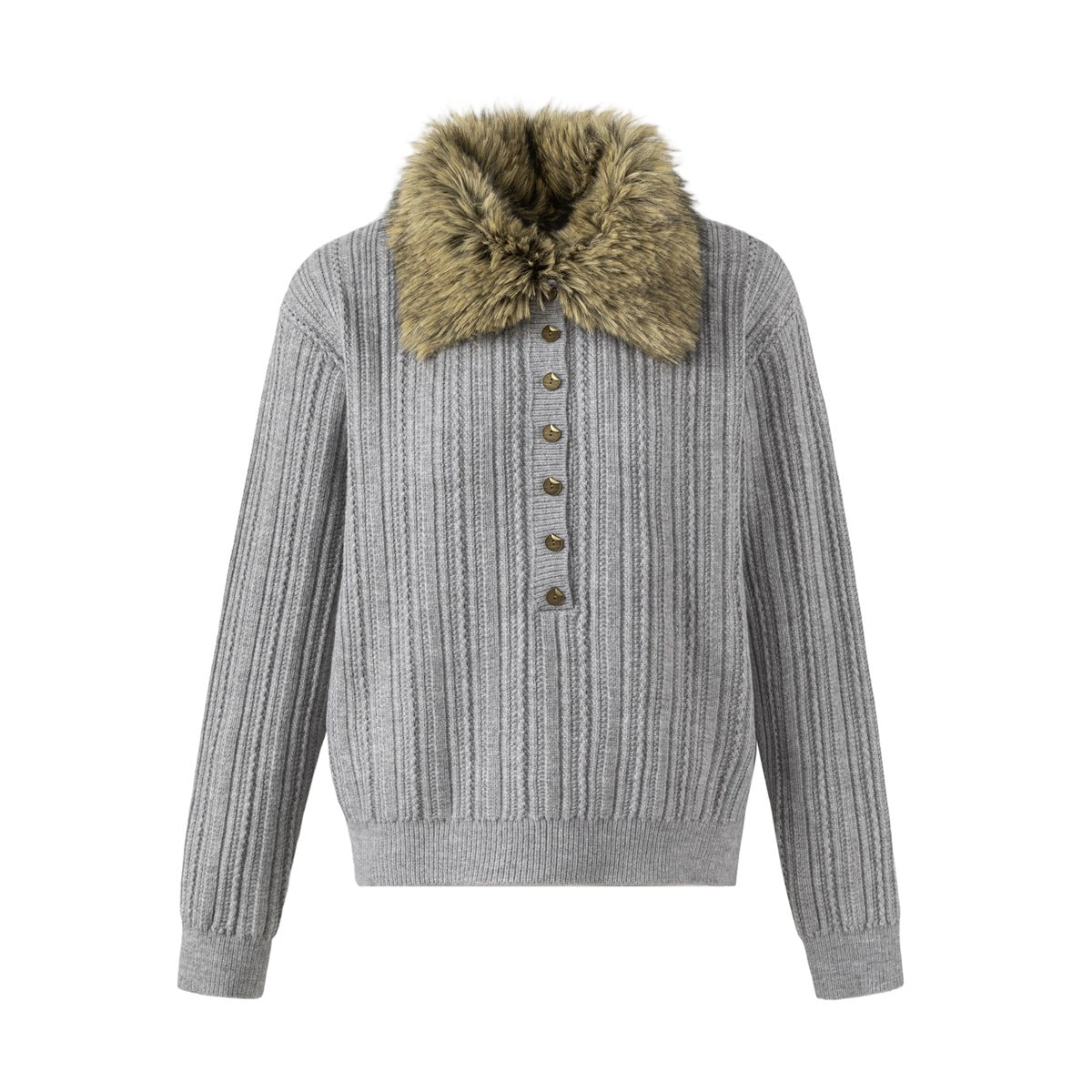 Gray ribbed knit half-button sweater with olive-brown fur-style collar, front view flat lay