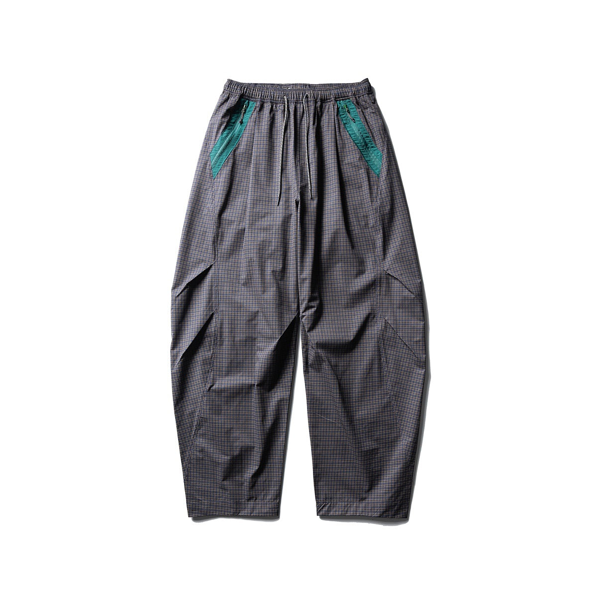 Gray-purple small-check wide-leg pants with green diagonal zip pocket trim, flat front view