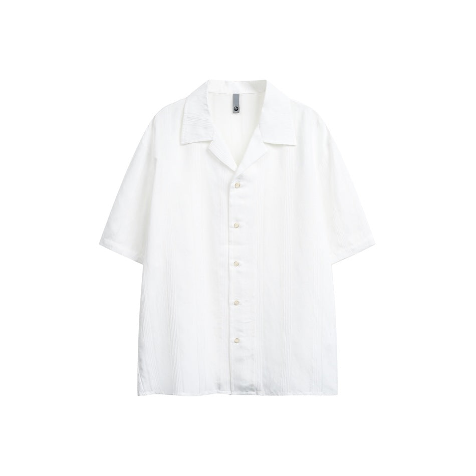 White short-sleeve button-up shirt with subtle tonal stripes and notch collar, flat front view