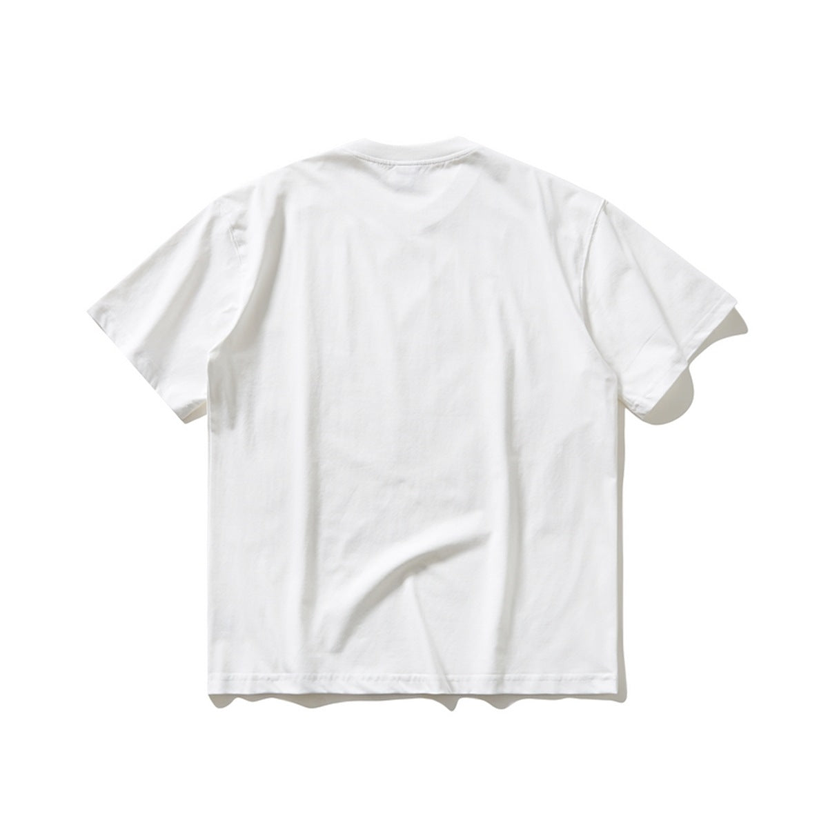 Back view of a white short-sleeve crew-neck T-shirt laid flat, plain with no print