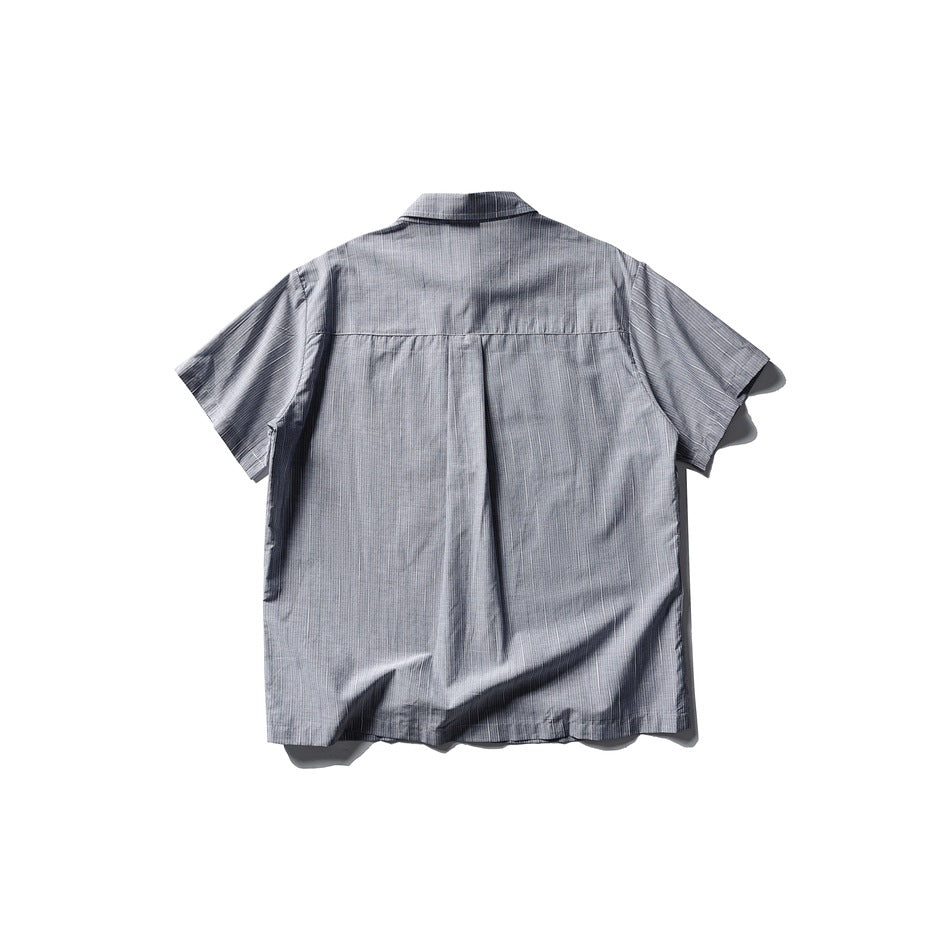 Gray pinstriped short-sleeve shirt, flat lay back view with yoke and center pleat