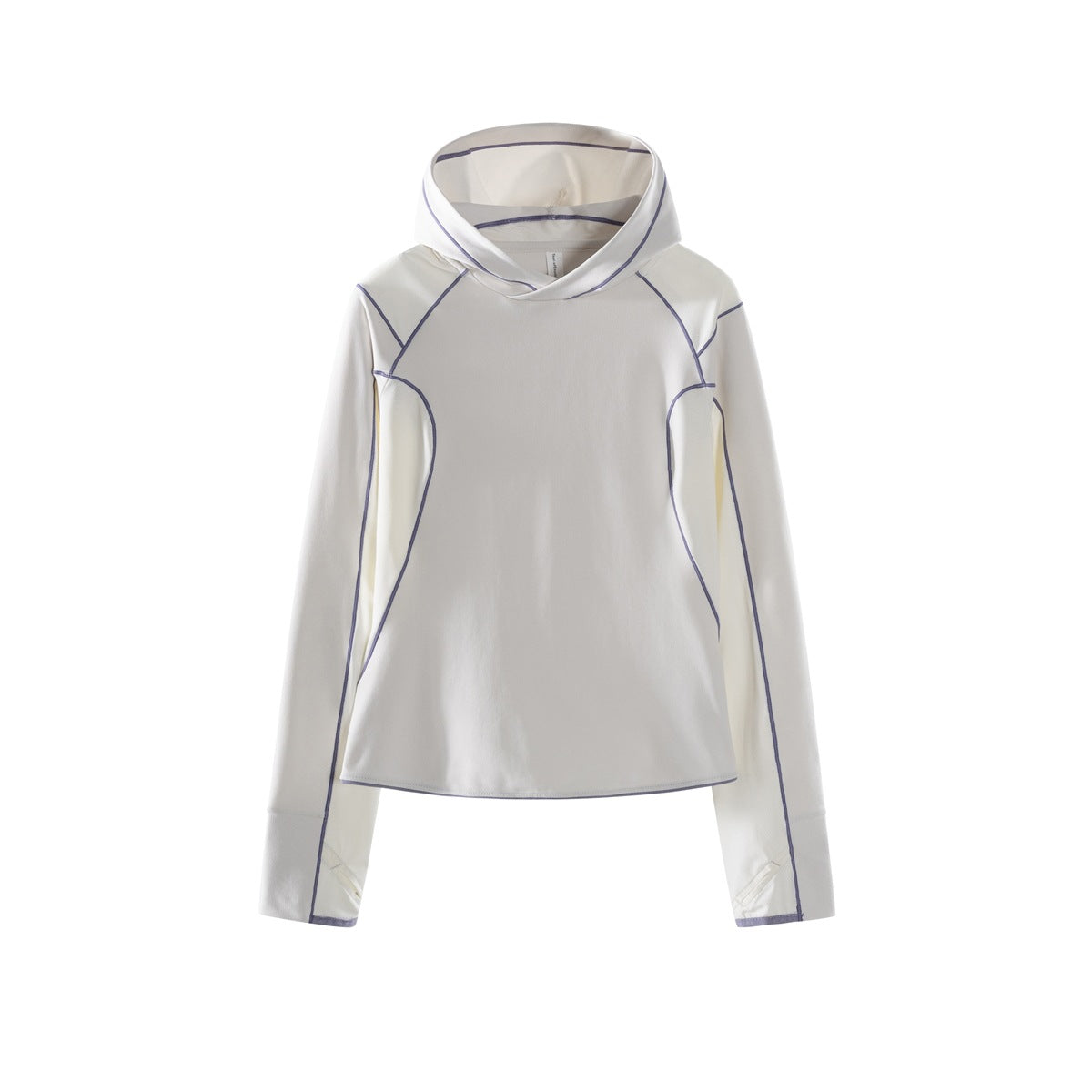 Off-white pullover hoodie with purple contrast stitching and thumb openings, flat front view
