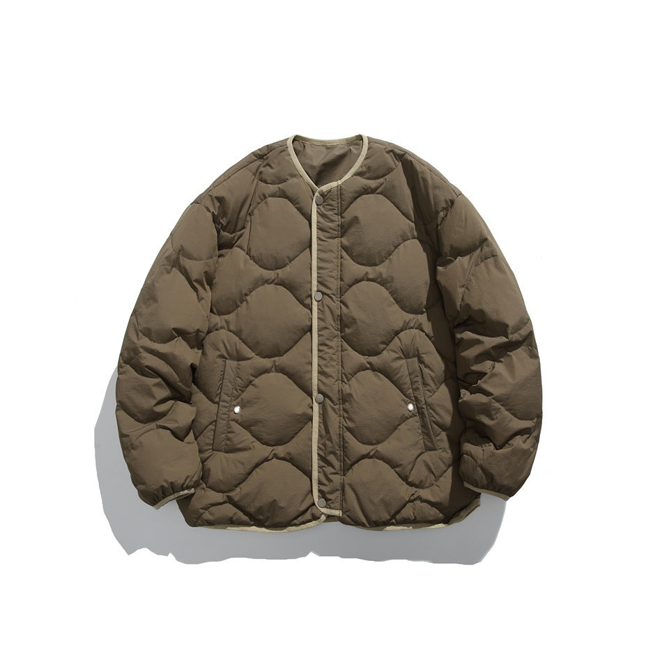 Olive green quilted collarless jacket with beige trim and snap front, flat view