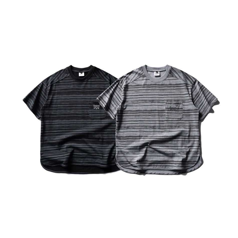 Front view of black and gray striped short-sleeve T-shirts, each with a chest pocket and rounded hem.