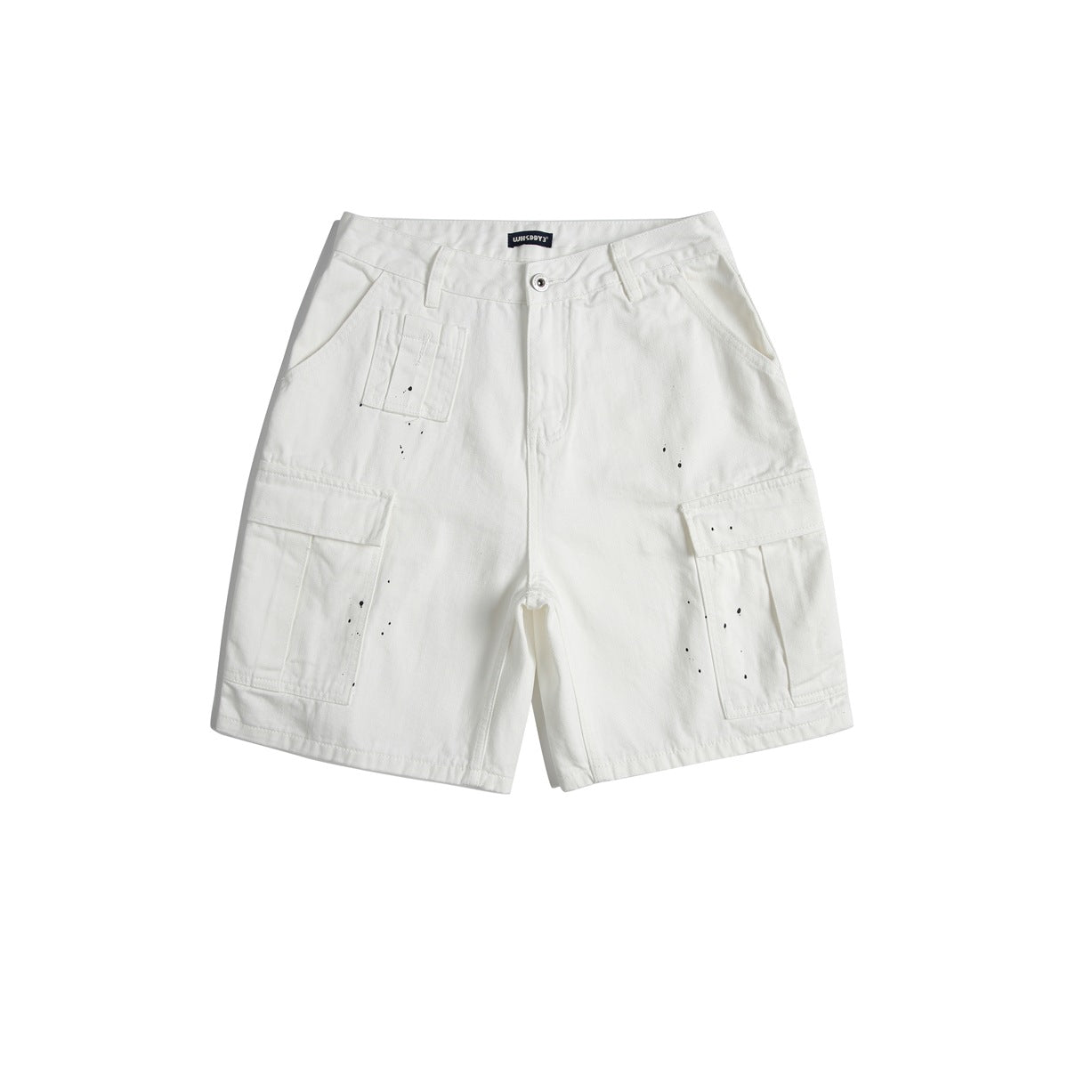 White cargo shorts with black paint splatters, flap cargo pockets and button-zip front, flat lay front view