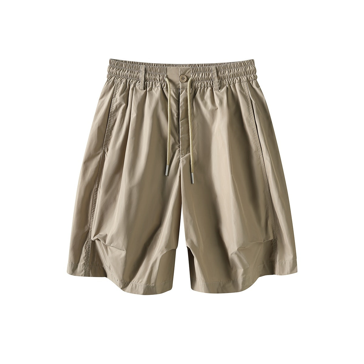 Khaki knee-length shorts with elastic drawstring waist, front pleats and wide leg, flat lay front view