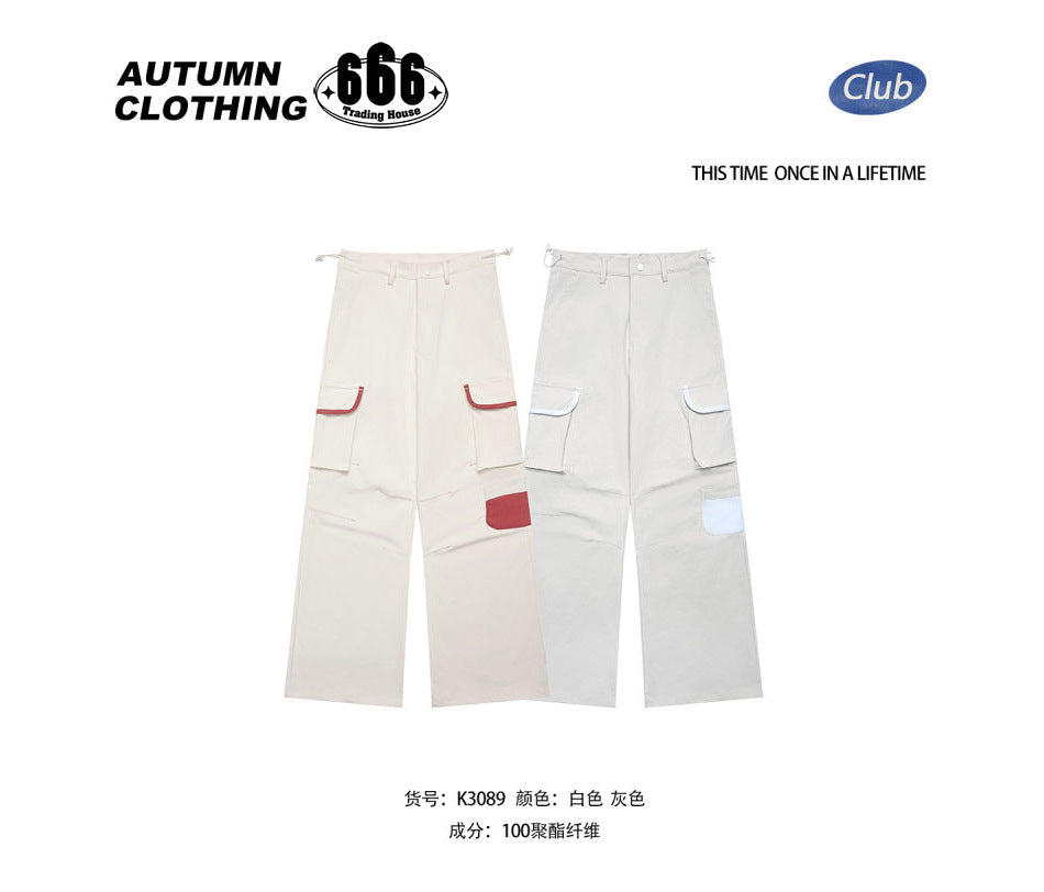 Off-white and light gray cargo pants side by side with red and blue contrast trim, with a Chinese composition line