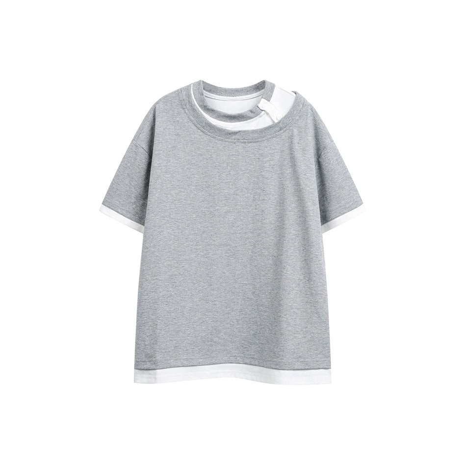 Gray short-sleeve T-shirt with white layered neckline, white sleeve and hem trim, and a snap tab, flat front view