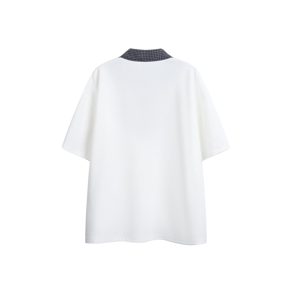 Back view of a white short-sleeve shirt with a dark checked collar, laid flat against a white background.
