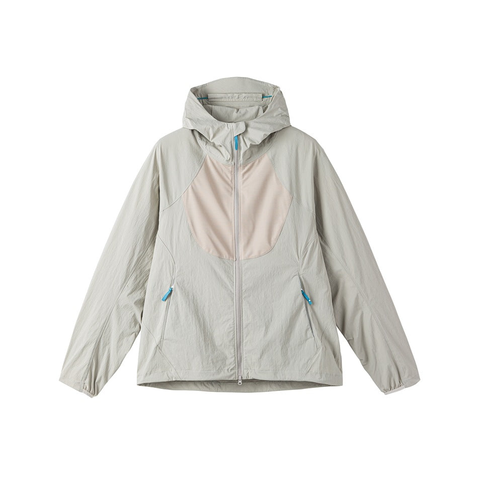 Light gray hooded zip jacket with beige chest panel and blue zipper pulls, front flat view
