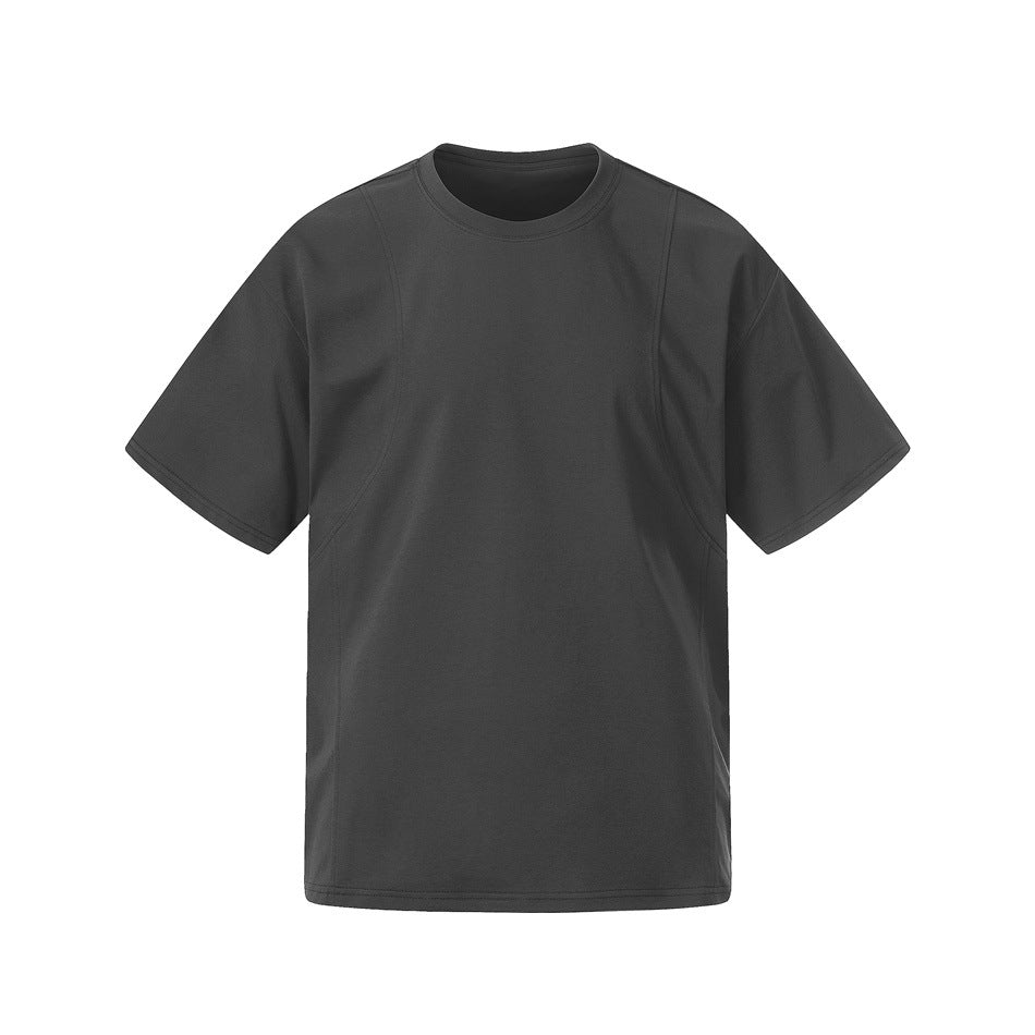 Gray short-sleeve crew-neck T-shirt with curved shoulder and front panel seams, flat front view