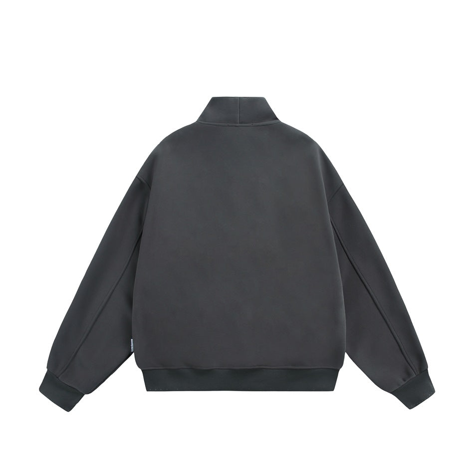 Back view of a charcoal sweatshirt with a stand collar, long sleeves, ribbed cuffs, and hem.