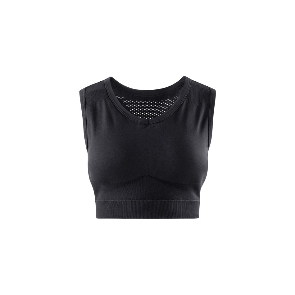 Black sleeveless cropped sports top, front view, with a mesh back neckline panel and a ribbed hem band