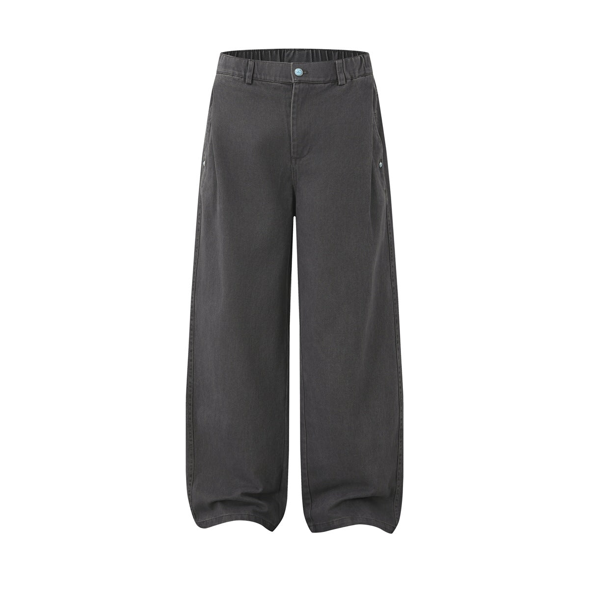 Gray wide-leg pants flat front view with elastic waistband, zip fly and turquoise-toned button