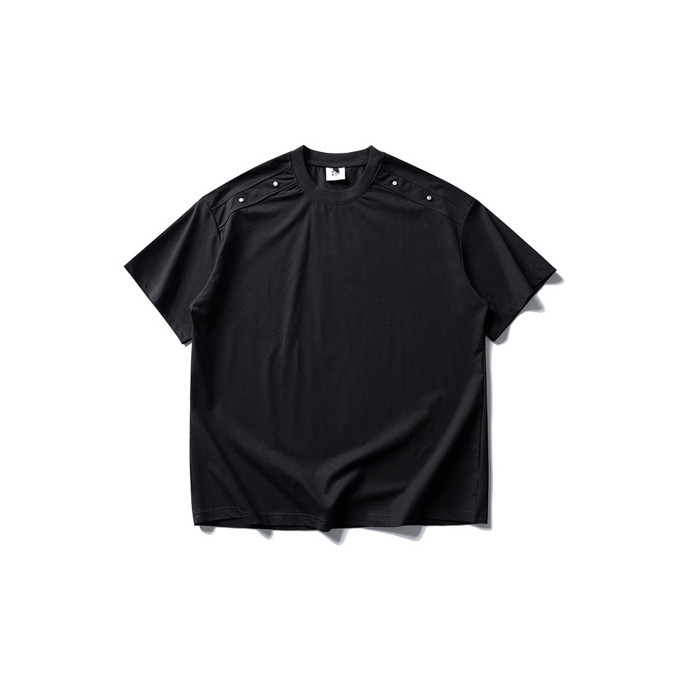 Black short-sleeve crew-neck T-shirt with metal rivets on the shoulder, flat lay front view