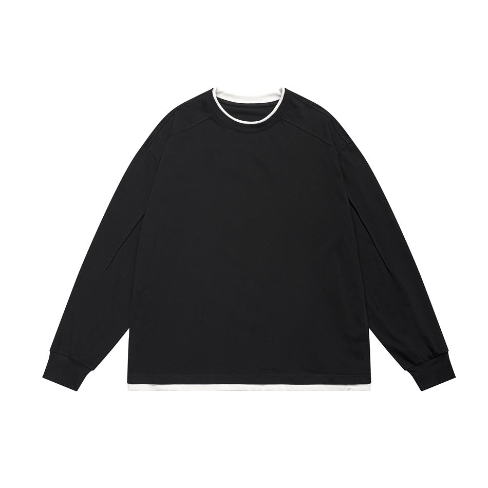 Black long-sleeve crew-neck top with off-white layered collar and hem, flat lay front view