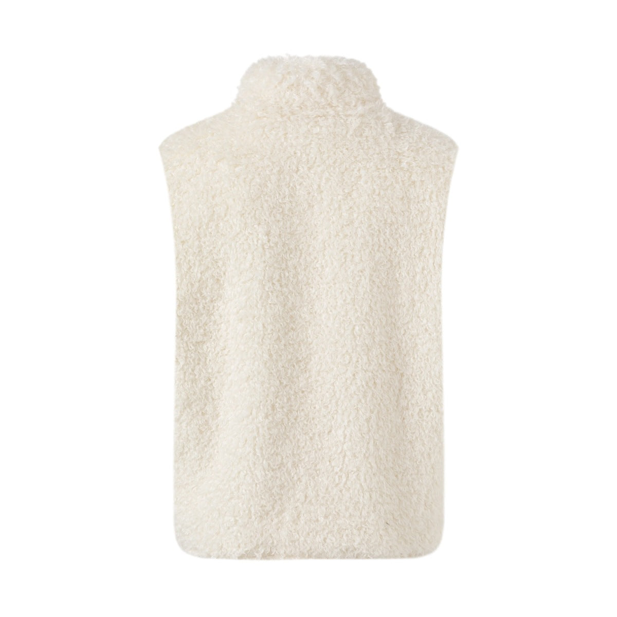 Back view of a cream curly fleece-textured sleeveless vest with a stand collar