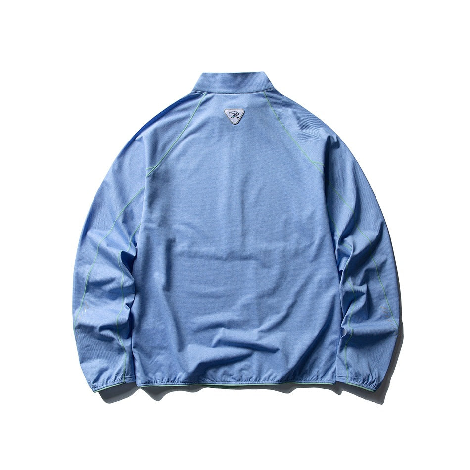Back view of a blue long-sleeve pullover with a stand collar and green seam piping.
