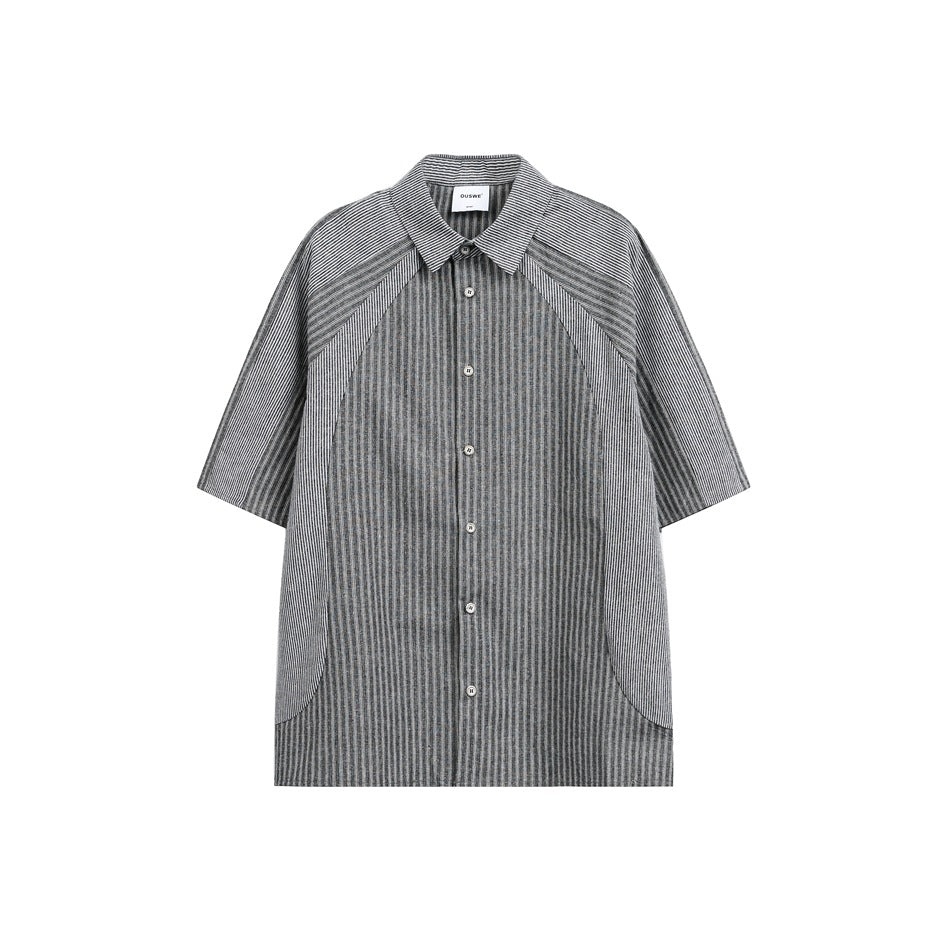 Black and gray striped short-sleeve button-up shirt with raglan sleeves and curved side panels, flat front view