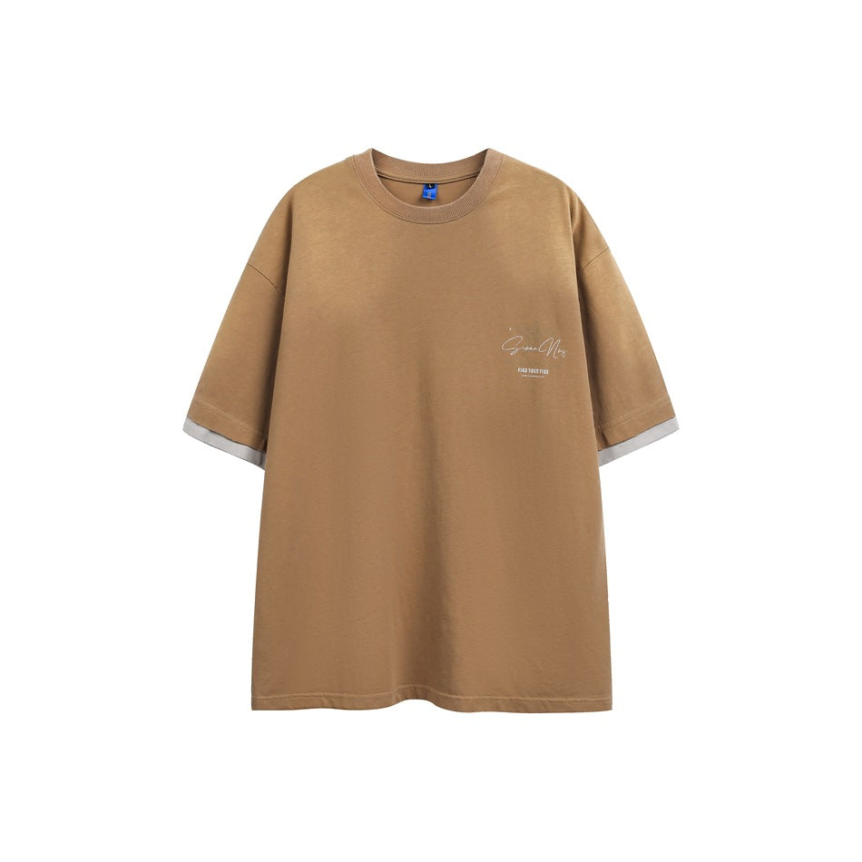 Khaki short-sleeve crew-neck T-shirt with small left chest script print and light gray layered sleeve hems, front flat view