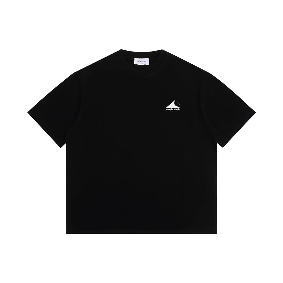 Black short-sleeve crew-neck T-shirt with small white mountain logo print on left chest, flat lay