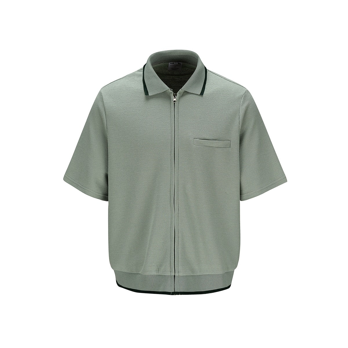 Light green short-sleeve zip-front knit shirt with dark green collar and hem trim and a chest pocket