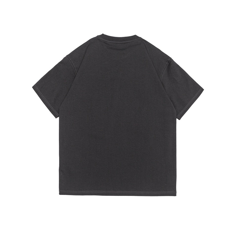 Back view of a charcoal short-sleeve crew-neck T-shirt with visible seam stitching.