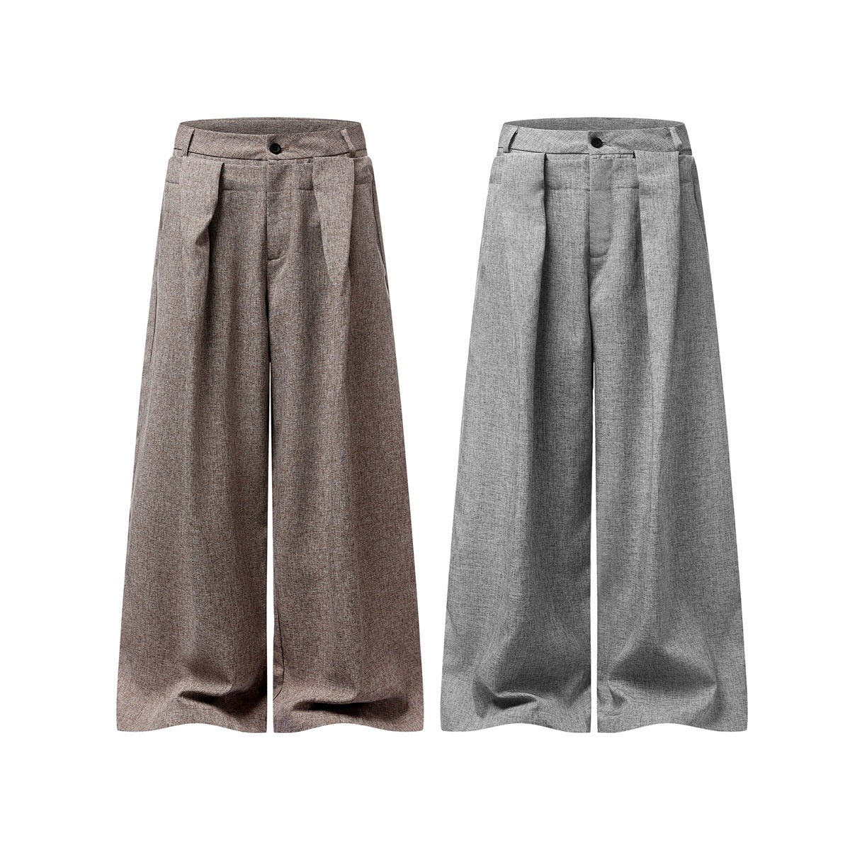 Front view of pleated, wide-leg trousers in taupe and light gray colorways.