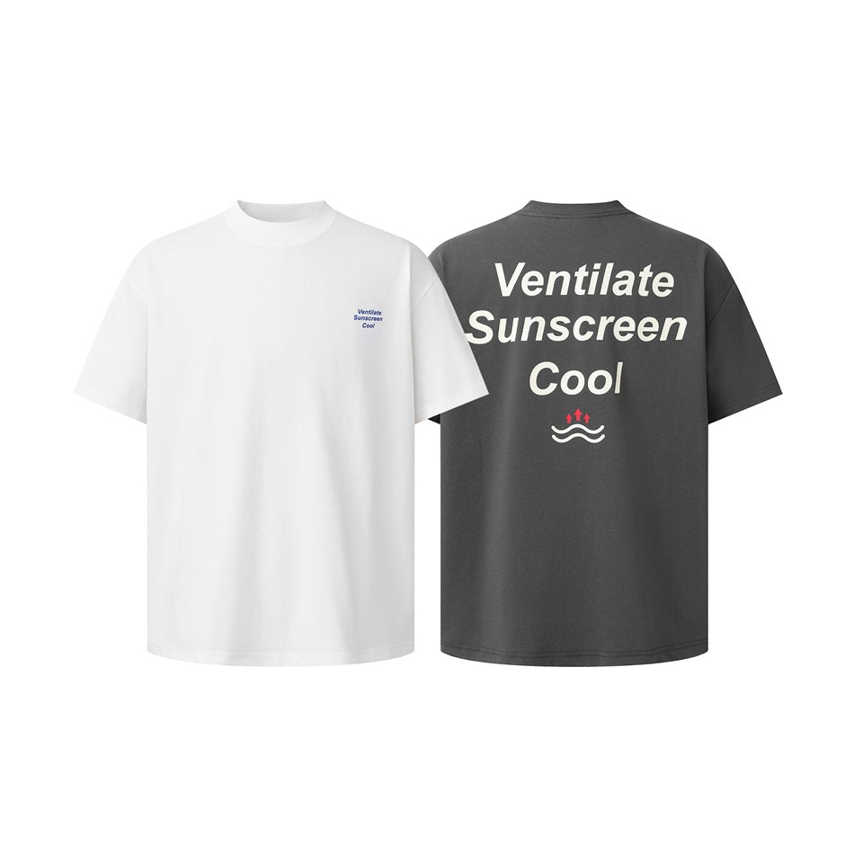 White T-shirt shown from the front beside a charcoal T-shirt shown from the back, both with printed lettering.