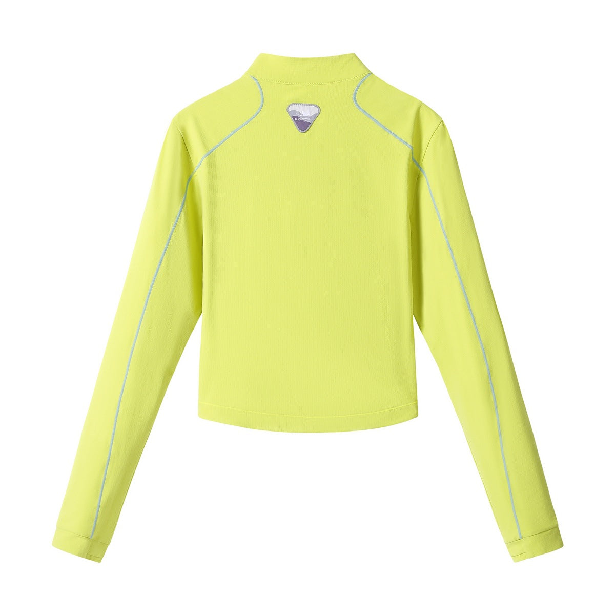Back view of a bright lime cropped long-sleeve pullover with a stand collar, pale blue piping, and a small triangular