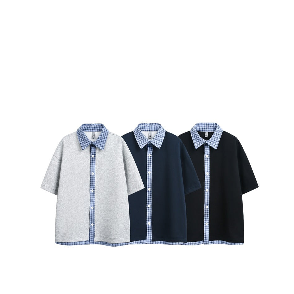 Three short-sleeve button-up shirts shown together in light gray, navy and black, each with blue plaid trim.
