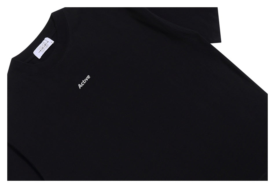 Black short-sleeve crew-neck T-shirt laid flat, with a small white “Active” chest logo.