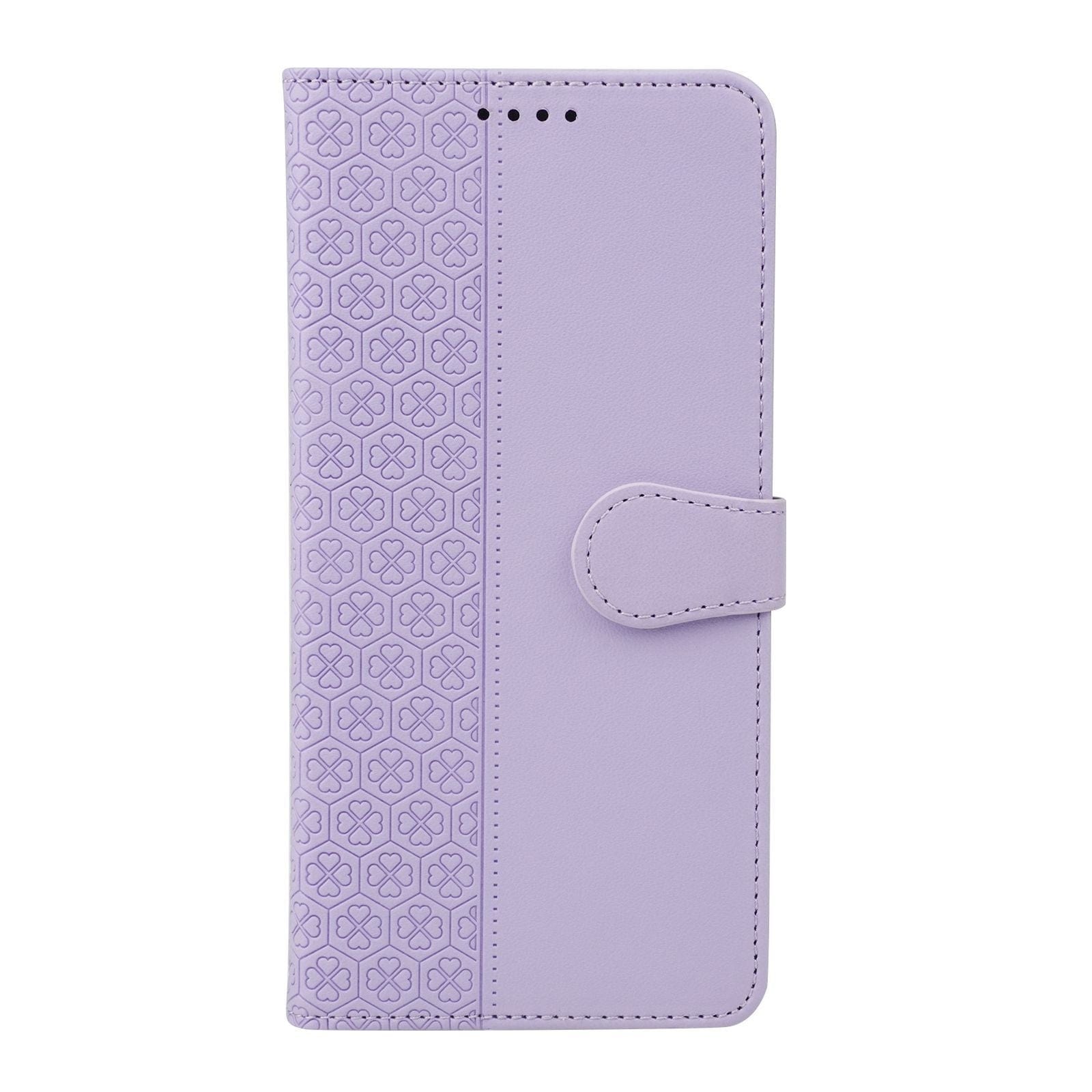 iPhone 16 Pro Max Wallet Case in purple synthetic leather, featuring a floral pattern on the left side and a magnetic clasp on the right, with MagSafe compatibility and a shockproof stand cover.