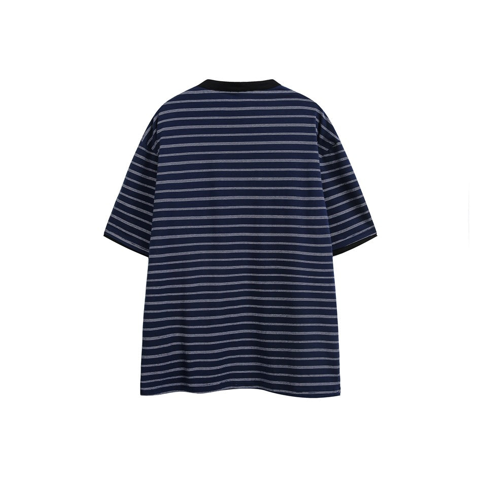 Back view of a navy short-sleeve tee with thin gray horizontal stripes and dark collar and sleeve trim.