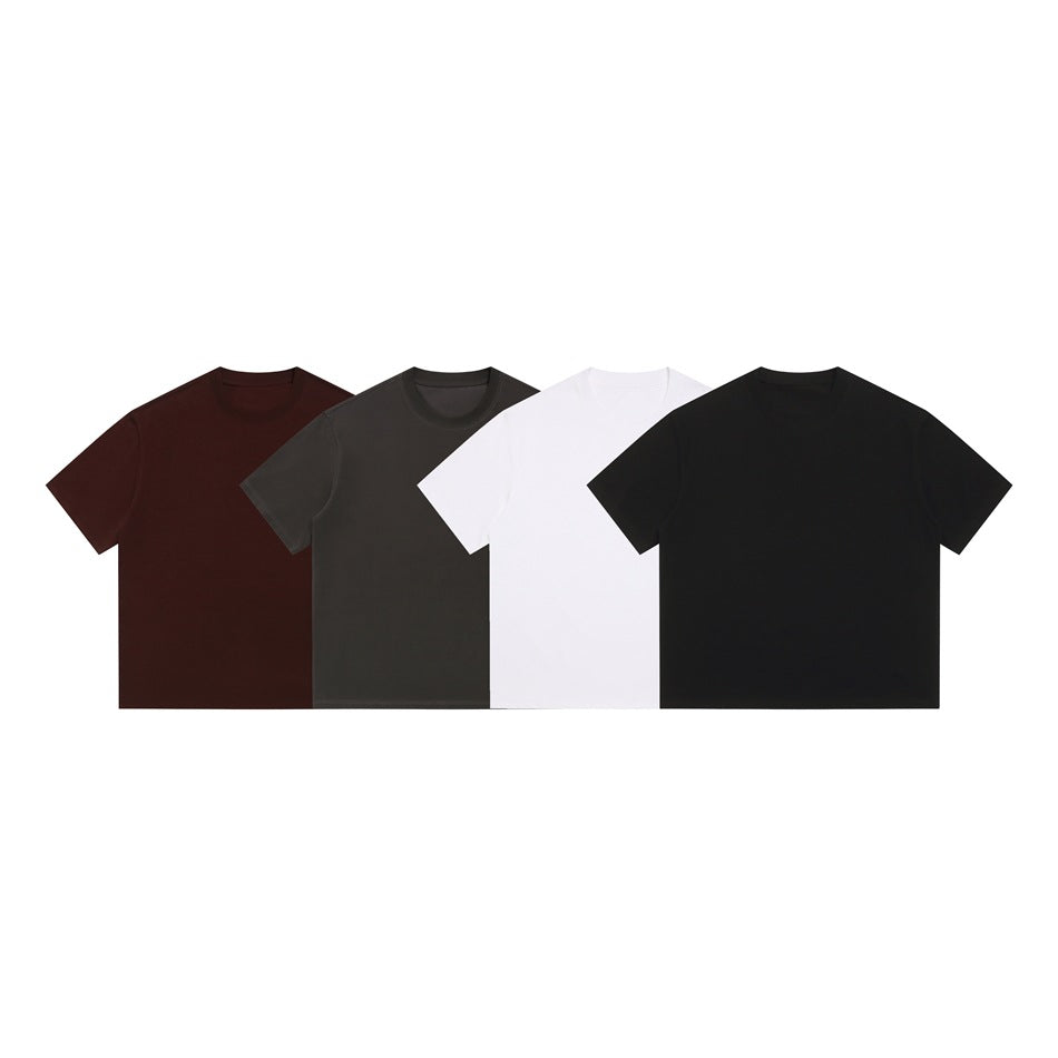Four plain short-sleeve crew-neck T-shirts shown from the front in burgundy, charcoal, white, and black.