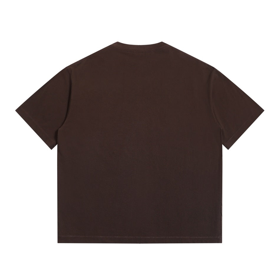 Back view of a plain dark brown short-sleeve crew-neck T-shirt, flat lay