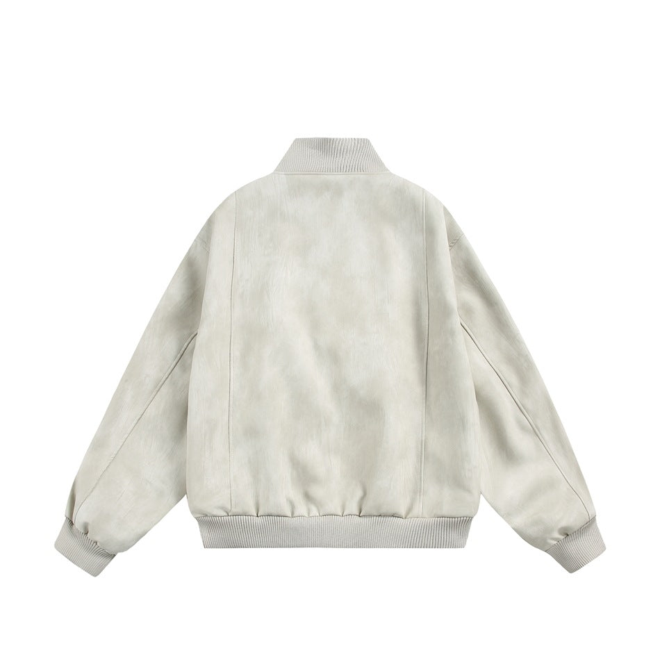 Back view of an off-white jacket with a ribbed stand collar, cuffs, and hem.