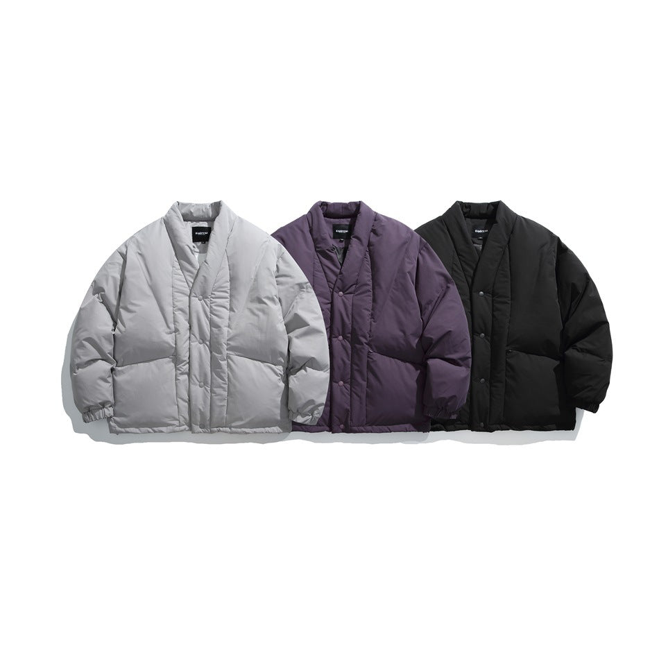 Three quilted snap-front jackets displayed together in light gray, muted purple, and black.
