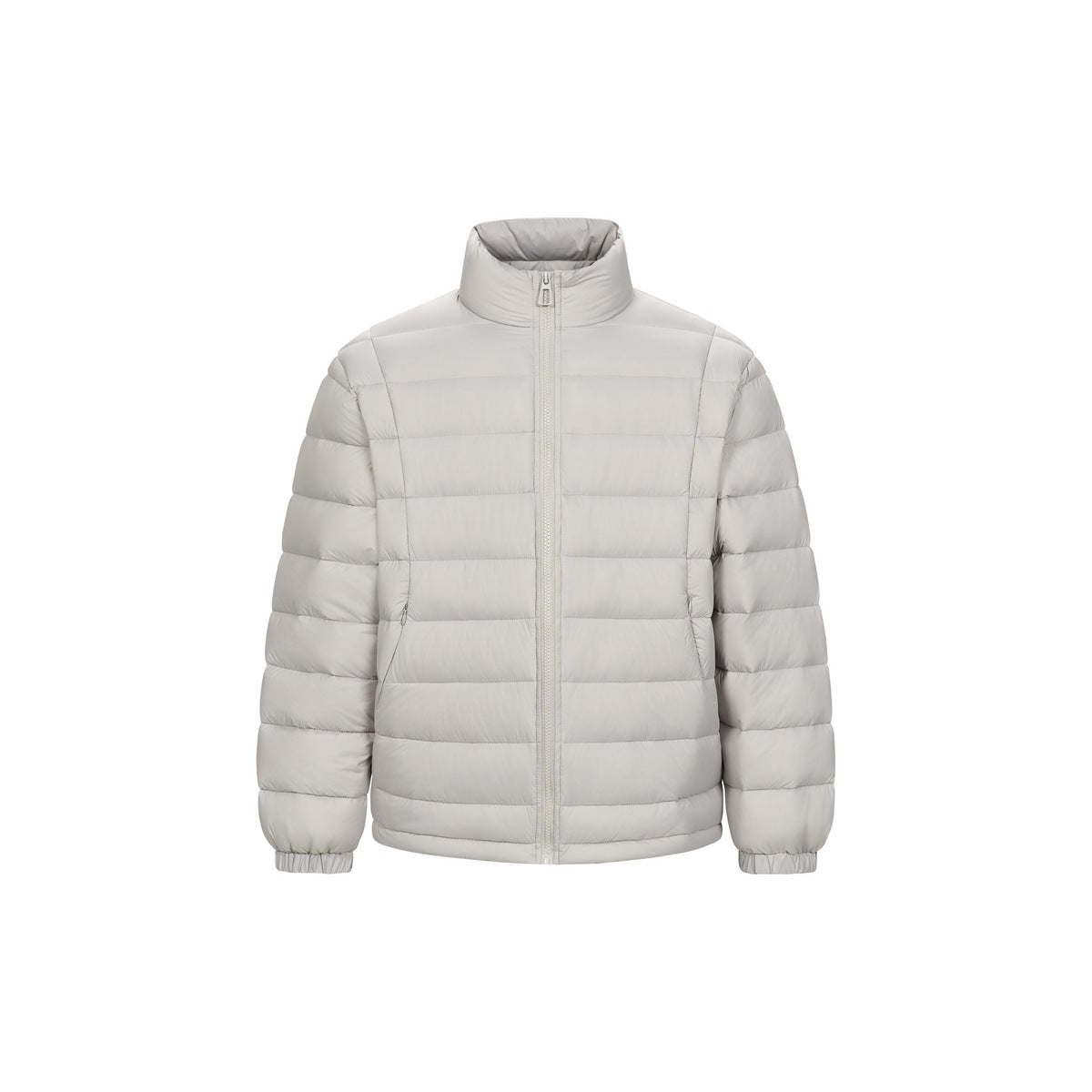 Light gray stand-collar quilted puffer jacket with front zipper and elastic cuffs, flat front view
