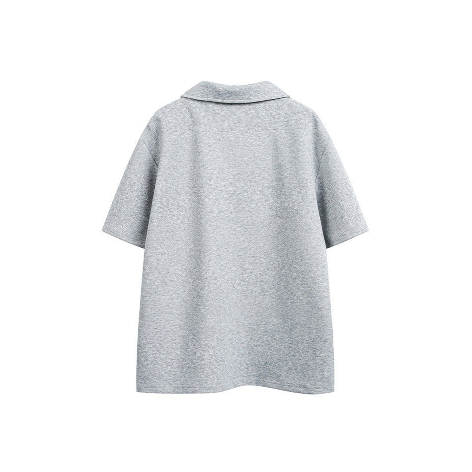 Back view of a light gray short-sleeve polo.