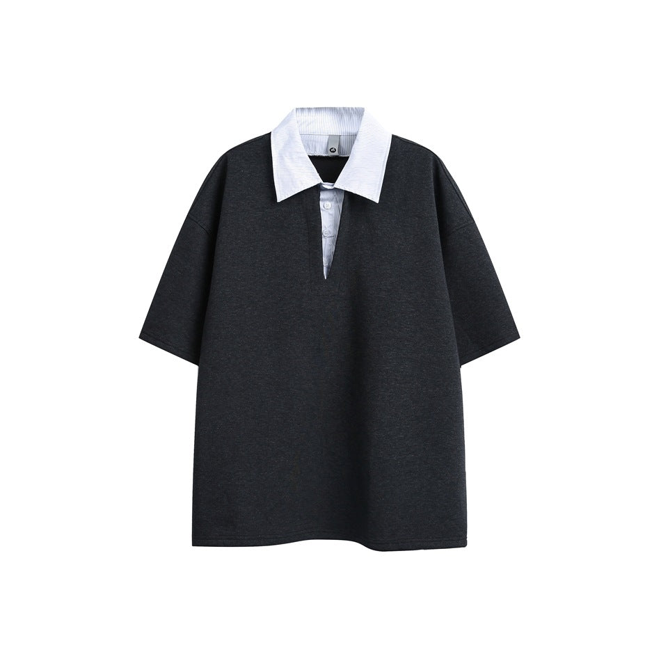 Dark charcoal short-sleeve polo-style top with a pinstriped collar and button placket, flat front view
