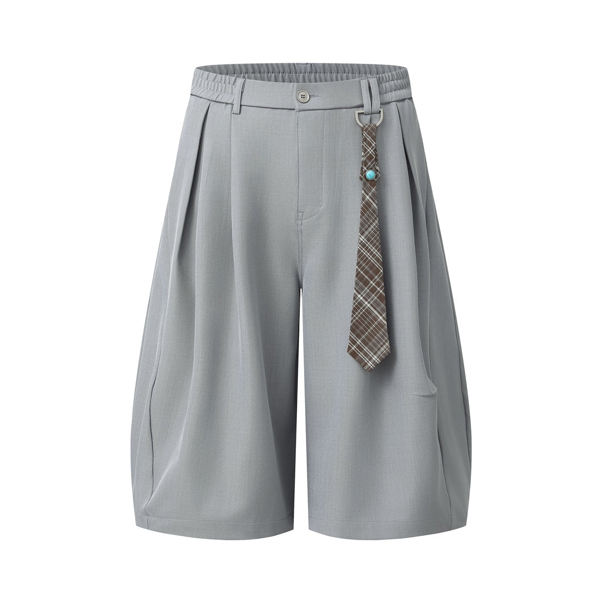 Light gray pleated wide-leg knee-length shorts with elastic waist and plaid tie accessory, front view