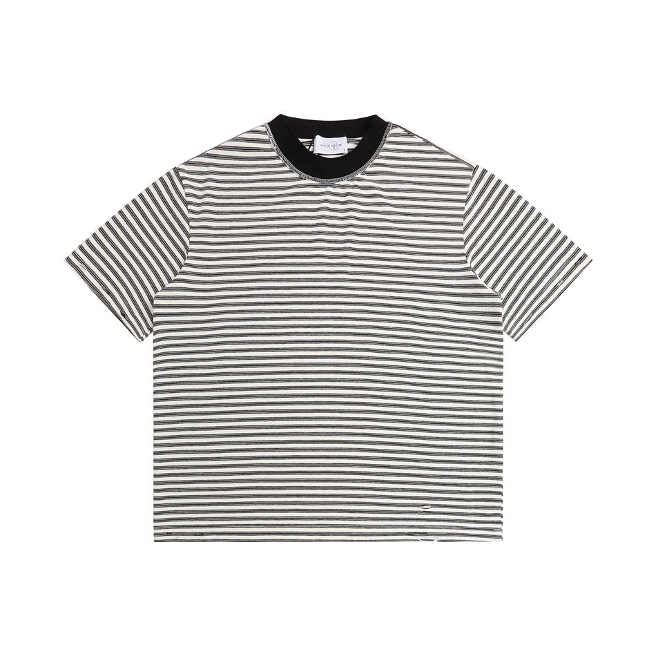 White T-shirt with black horizontal stripes, black contrast crew collar and small distressed holes, flat lay front view